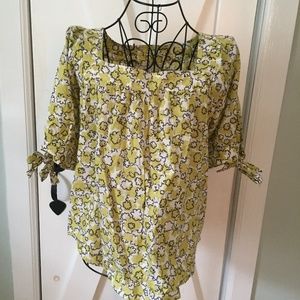 Chartreuse Blouse with Navy and White Pattern